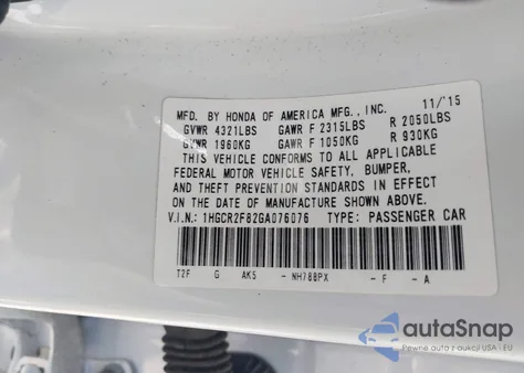 2016 Honda Accord Ex-L z USA, uszkodzony, nr VIN 1HGCR2F82GA076076
